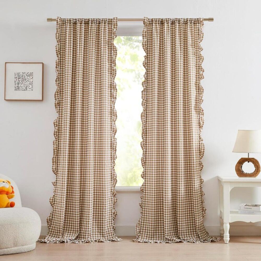 Brand New Zjdecor Brown Buffalo Plaid Crinkle Curtains 40"W × 90"L – 2 Panels